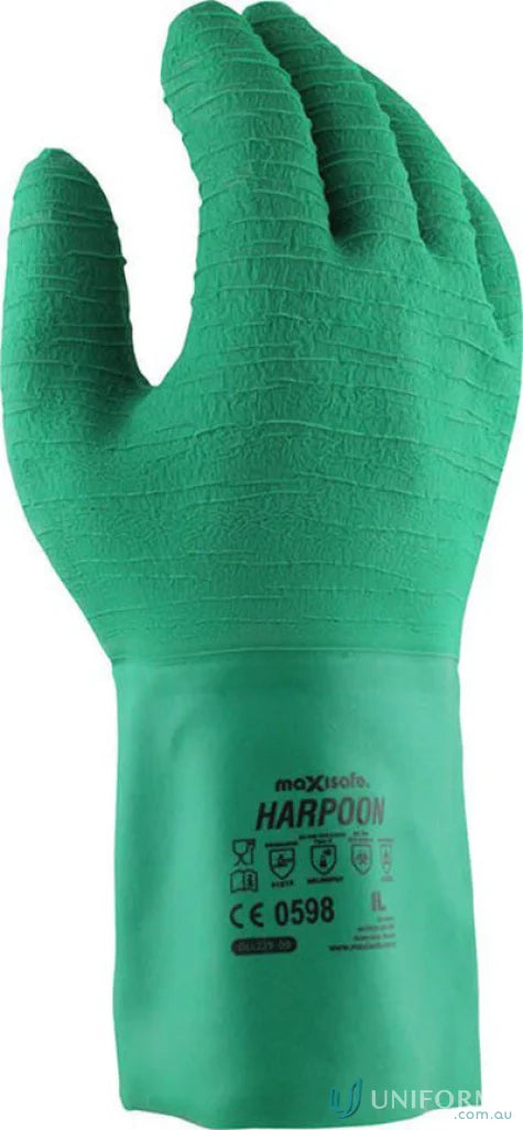 Green work glove from 6pk Harpoon Green Latex Gauntlet for durable workwear and uniforms