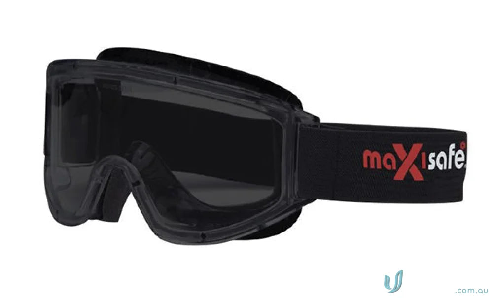 Black safety goggles with adjustable strap and clear smoke lens for eye protection
