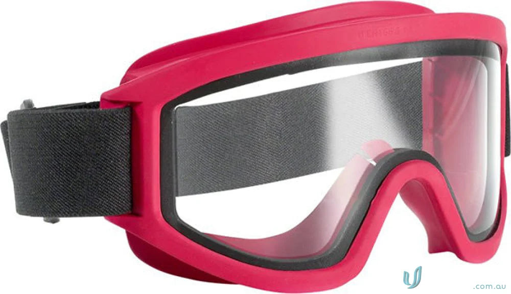 Pink-framed ski goggles with clear lenses for civil defence workwear or uniforms
