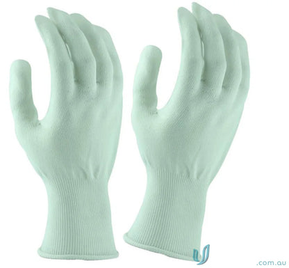 White knit gloves from the 6pk Microfresh Cut E White Food Grade Liner Glove for workwear