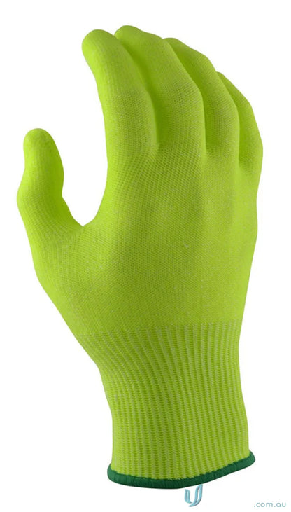 Neon yellow work glove from 6pk Microfresh Cut E Yellow Food Grade Liner Glove perfect for workwear and uniforms