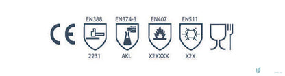 Safety certification symbols on NEOTHERM Heat Resistant Neoprene Gauntlet workwear