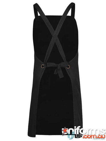 Black apron with cross-back straps ideal for work uniforms and workwear