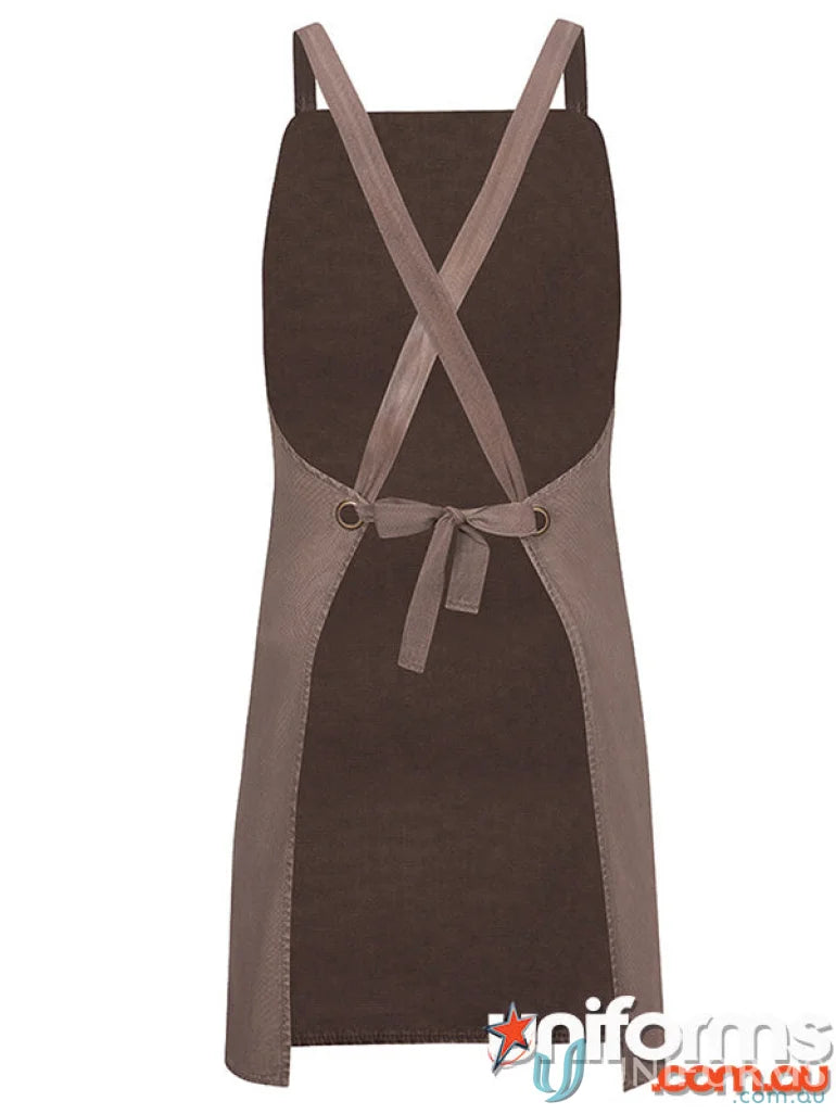 Brown and tan cross-back apron perfect for work uniforms or workwear, casual look