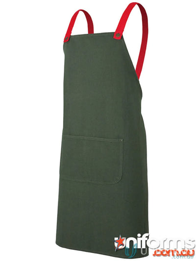Green apron with red straps, perfect workwear for uniforms and work uniforms