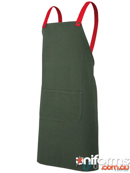 Green apron with red straps, perfect workwear for uniforms and work uniforms