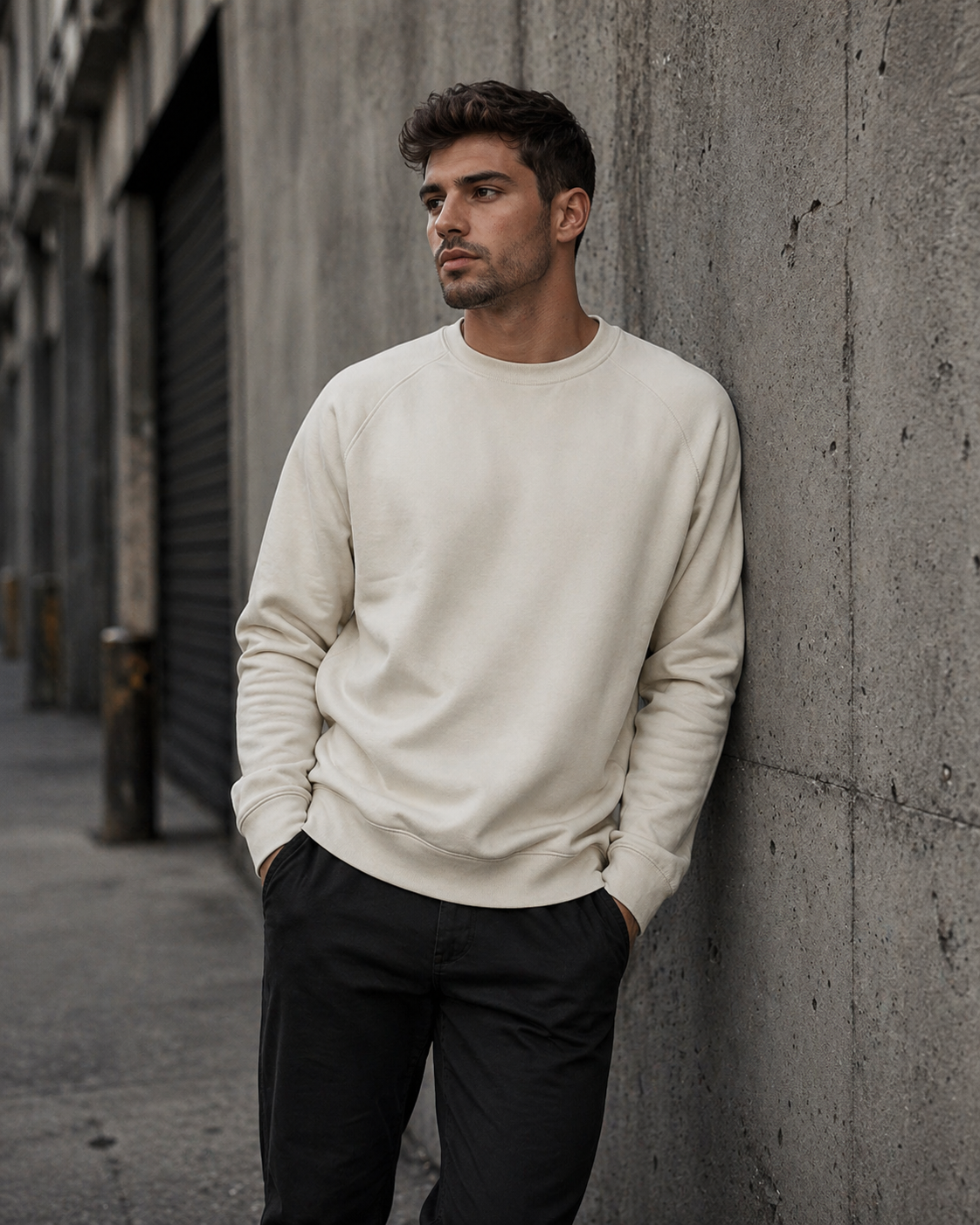 A cream-colored as supply crewneck sweatshirt with soft textured fabric and ribbed cuffs ideal for workwear uniforms