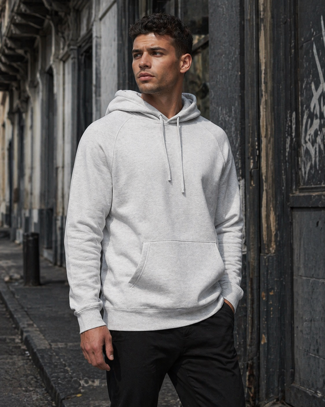 A light gray soft cotton as supply hoodie with front pocket and drawstrings ideal for workwear and uniforms
