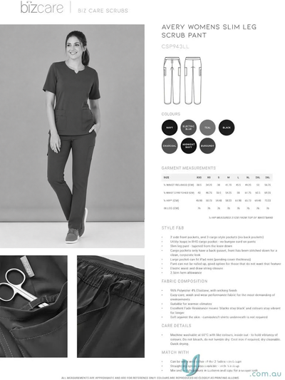 Avery Ladies Slim Leg Scrub Pant CSP943LL product information and measurements