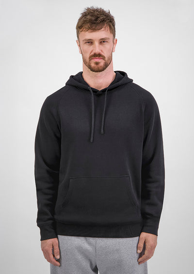 Man wearing a black hoodie against a white background