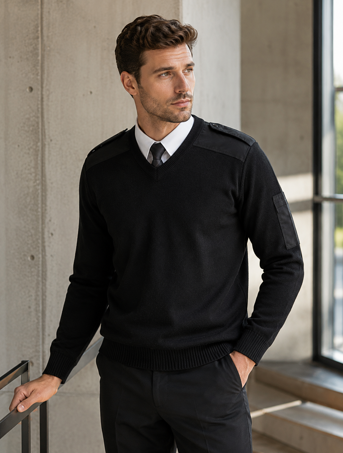 A man wearing a black knit v-neck sweater with shoulder epaulets and a sleeve patch, styled over a white collared shirt and dark tie, standing in a modern interior with concrete walls.