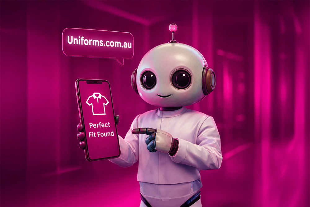 Robot holding a phone with 'Uniforms.com.au' text on a pink background