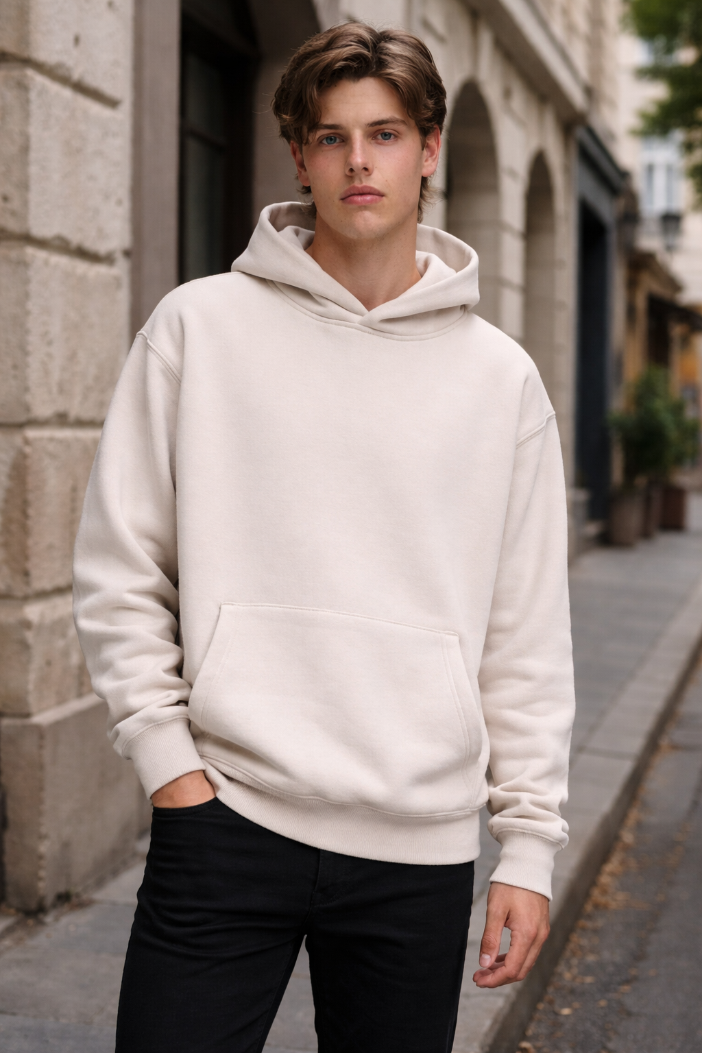 Premium oversized hoodie soft off-white relaxed fit with front pocket ideal for comfortable work uniforms and workwear