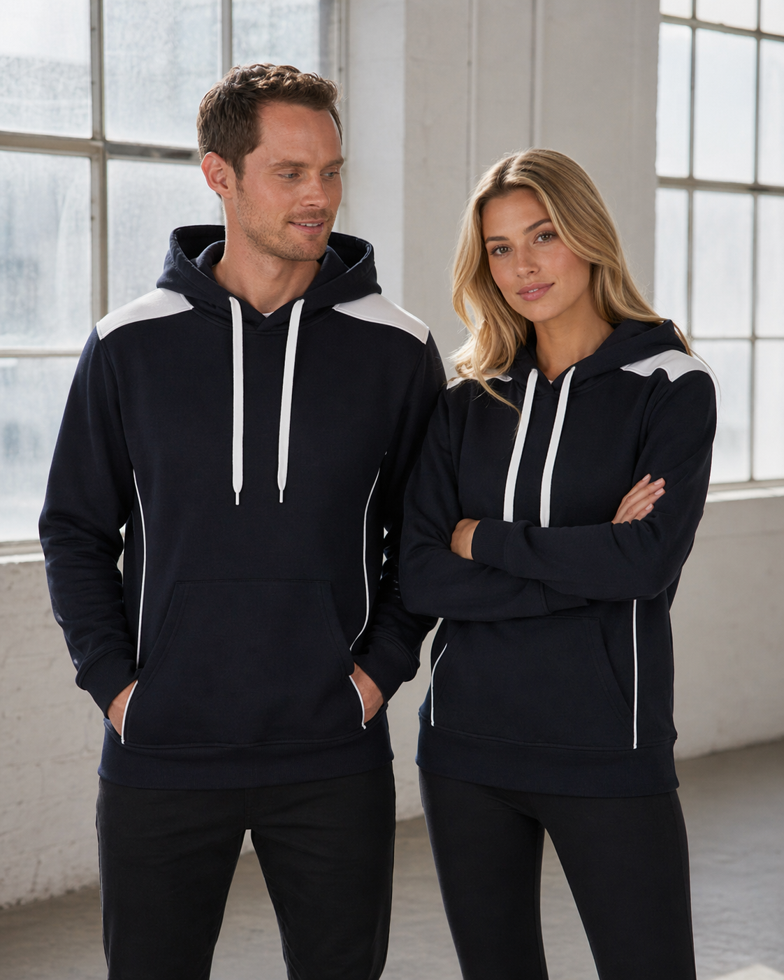 Black and white unisex croxton hoodie with contrasting shoulder panels and side stripes ideal for workwear uniforms