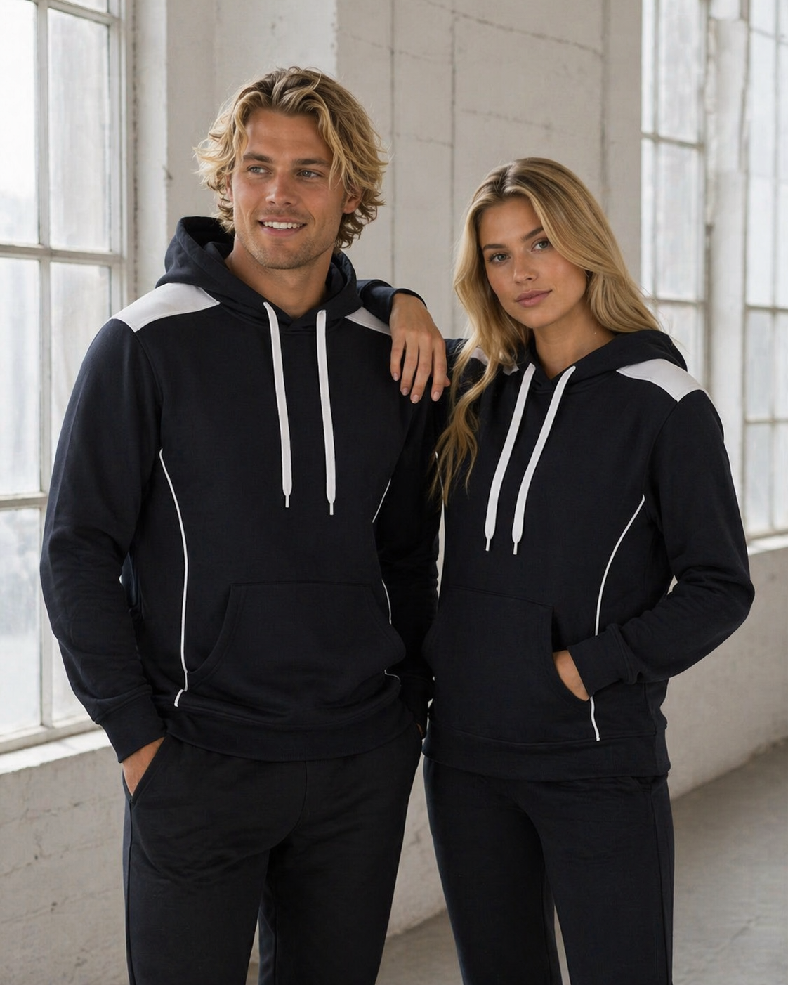 Black and white unisex croxton hoodie with contrasting shoulder panels and side stripes perfect for workwear uniforms