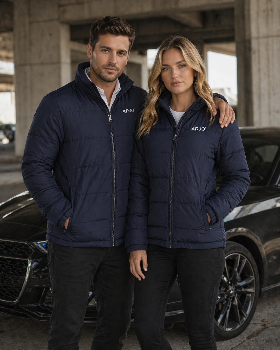Navy blue quilted puffer jacket with arujo logo perfect for durable workwear and uniforms in operation staff roles