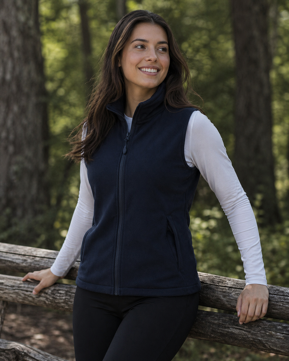 Navy blue fleece softshell vest with front zipper and side pockets ideal for workwear and uniforms