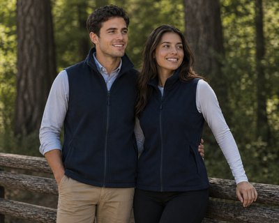 Navy blue fleece softshell vest with front zipper and side pockets ideal for work uniforms and workwear uniforms