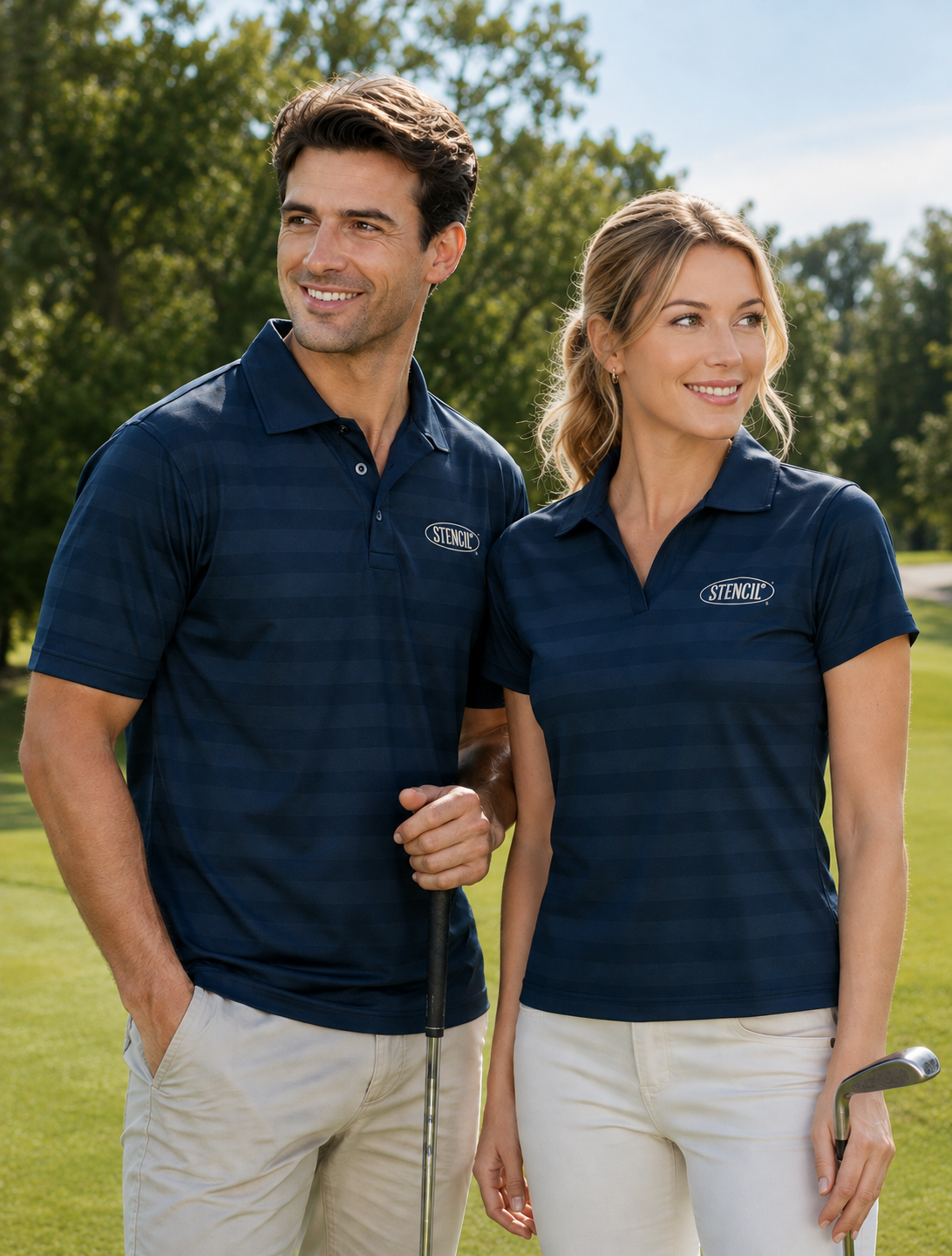 A man and a woman standing on a golf course wearing matching dark navy polo shirts with a visible 'STINCS' logo on the chest, paired with light khaki pants.