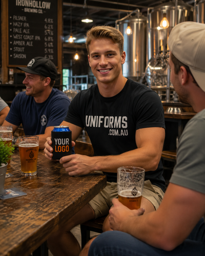 A man in a bar wearing a black t-shirt with 'UNIFORMS .COM.
