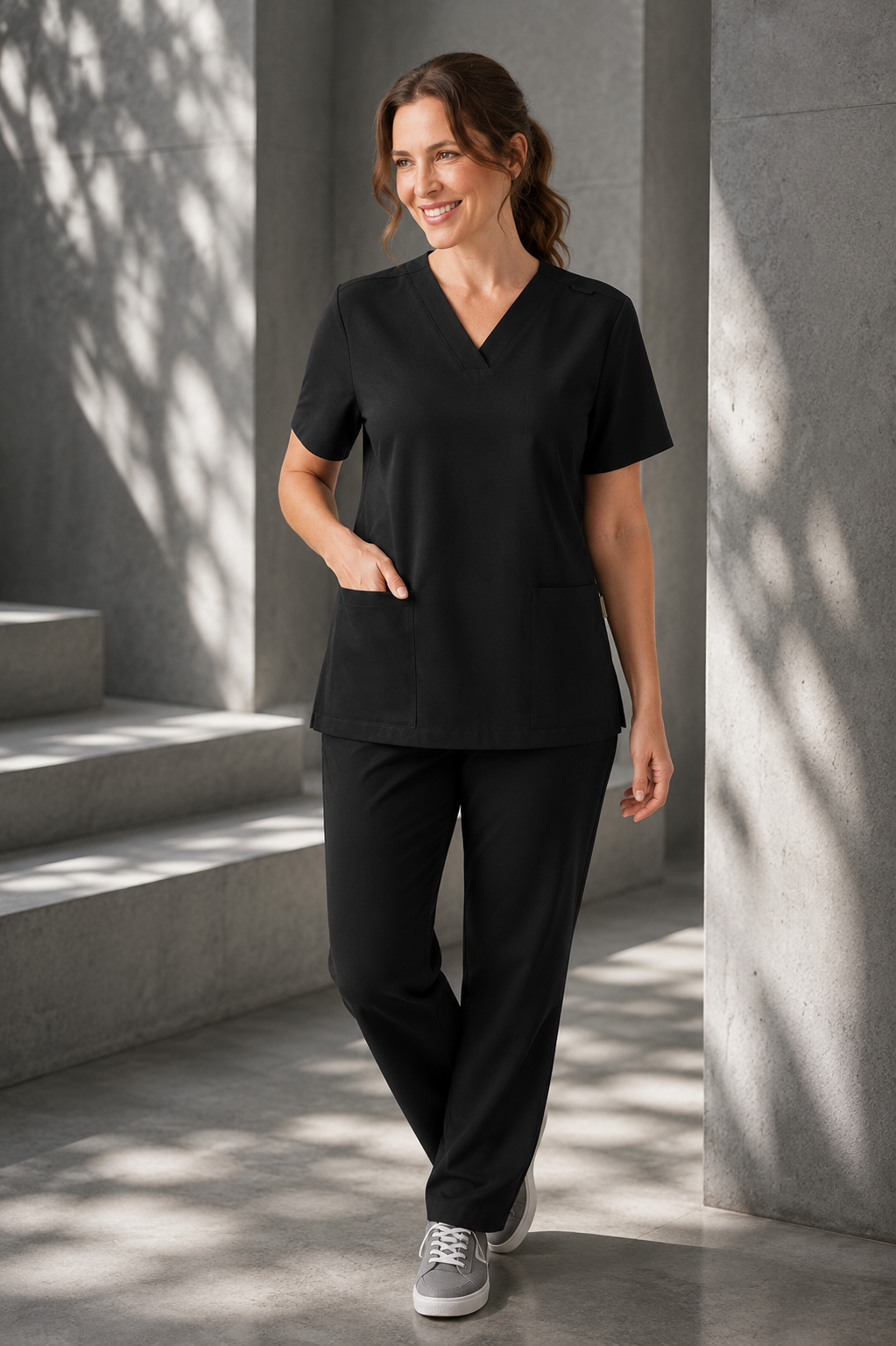 A woman wearing a black V-neck scrub top and matching black scrub pants, walking in a modern concrete corridor with dappled sunlight and shadows.