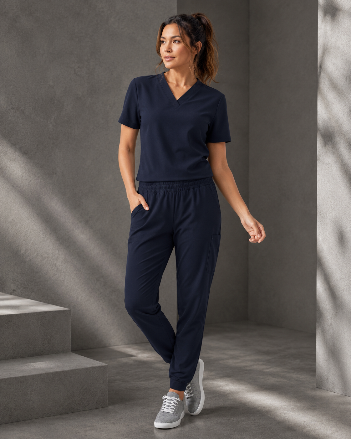 A woman modeling a matching navy blue scrub set consisting of a short-sleeve V-neck top and coordinating pants, paired with gray sneakers, in a modern gray concrete setting with soft shadows.