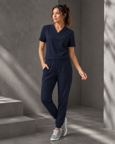 A woman modeling a matching navy blue scrub set consisting of a short-sleeve V-neck top and coordinating pants, paired with gray sneakers, in a modern gray concrete setting with soft shadows.