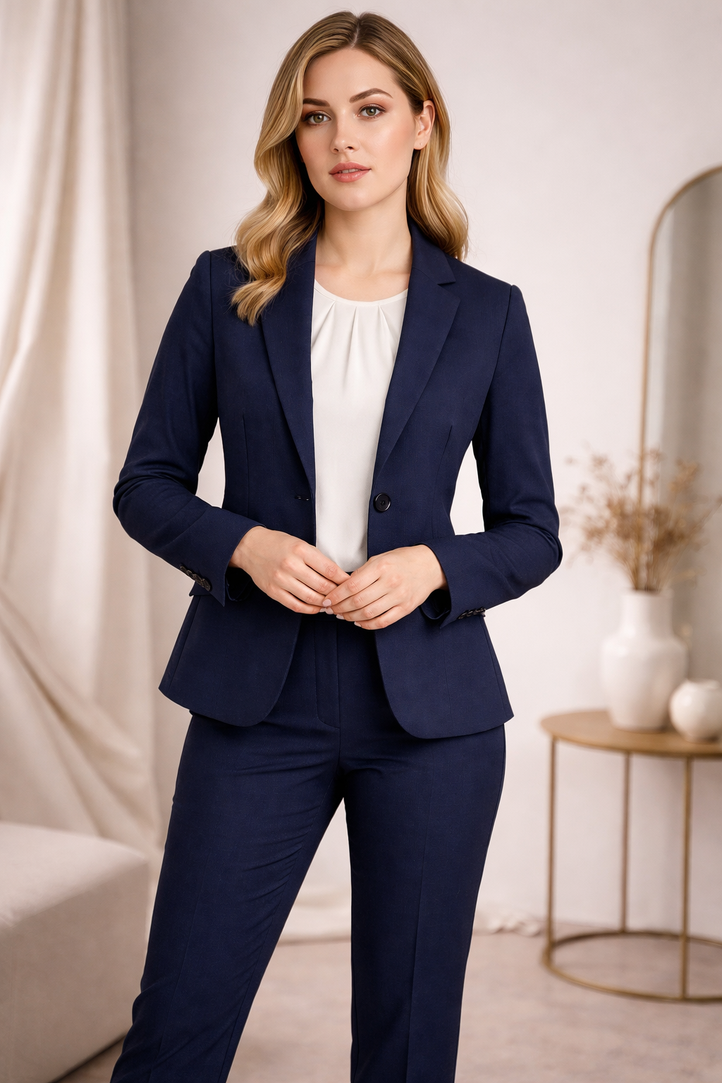 Navy blue tailored siena mid length jacket with notched lapels perfect for stylish workwear and uniforms