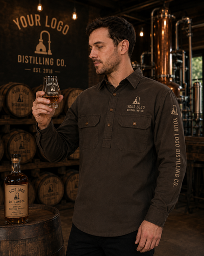 A man in a dark brown long-sleeve button-up shirt with custom 'Your Logo Distilling Co.' branding on the chest and sleeve, holding a glass of whiskey in a distilling workshop.