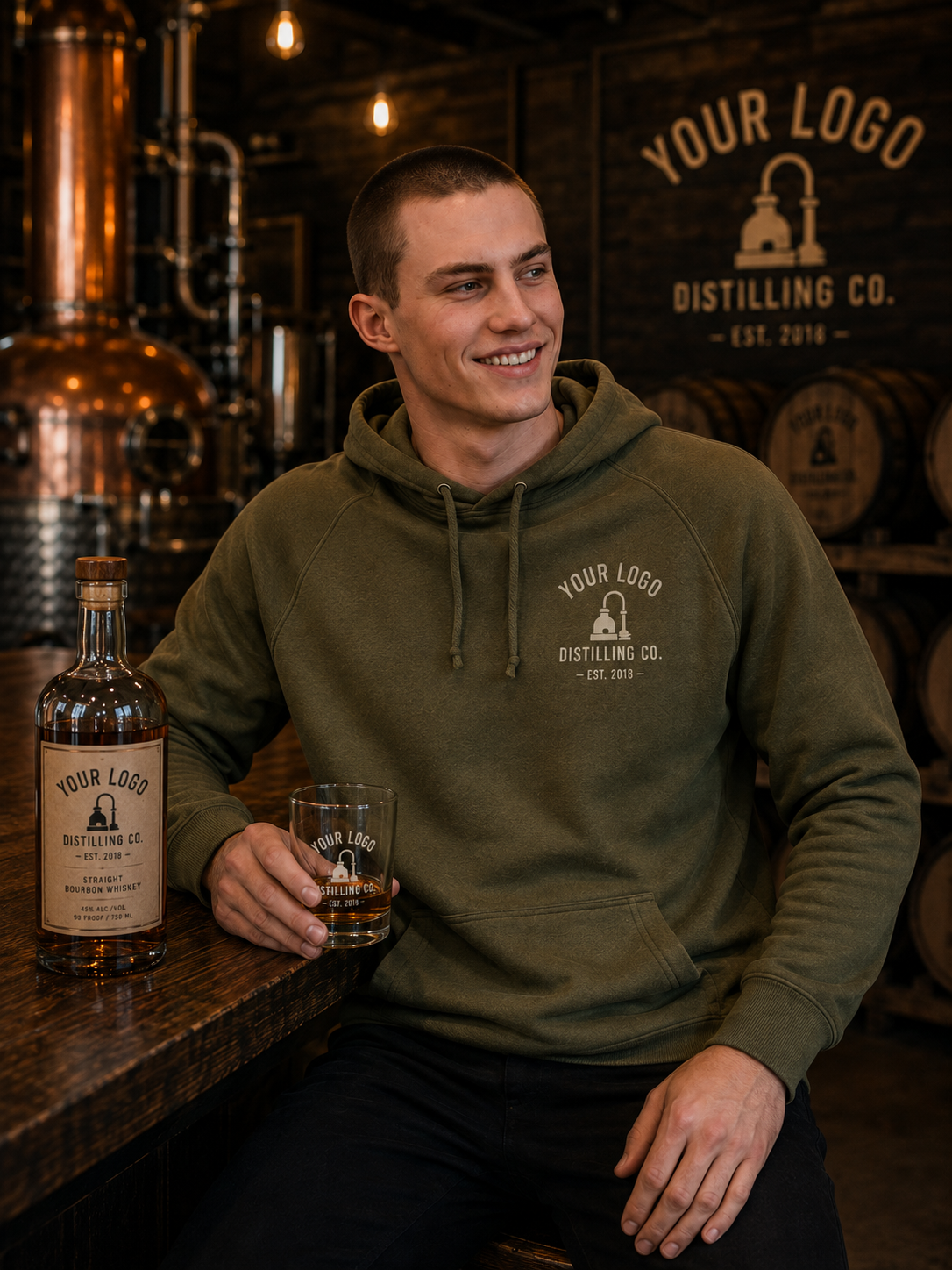 A man in an olive green hoodie sits at a bar next to a bottle and glass of whiskey, with a wooden sign reading 'YOUR LOGO DISTILLING CO.' in the background.