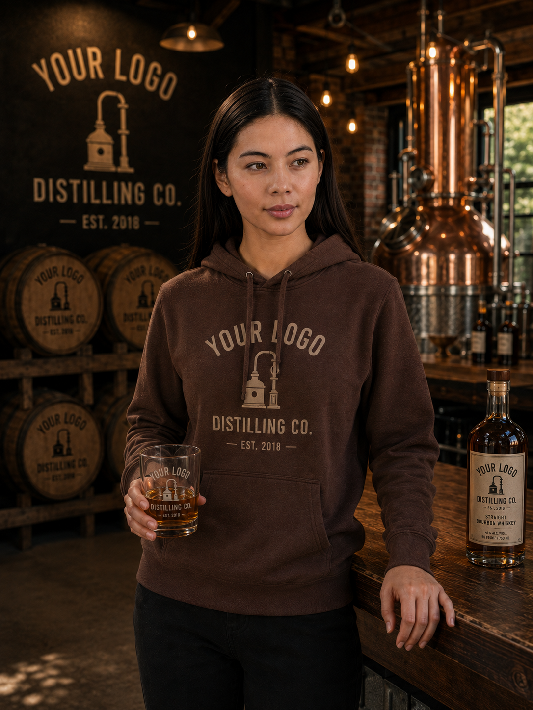 A woman stands in a distilling workshop holding a glass of amber liquid, wearing a brown hoodie with a custom 'YOUR LOGO DISTILLING CO.' graphic.