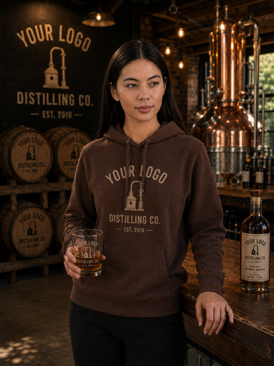 A woman stands in a distilling workshop holding a glass of amber liquid, wearing a brown hoodie with a custom 'YOUR LOGO DISTILLING CO.' graphic.