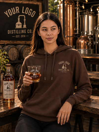 A woman wearing a brown hoodie with a 'Your Logo Distilling Co.' graphic sits at a wooden bar holding a glass of whiskey, with a matching branded bottle and copper distillation equipment in the background.