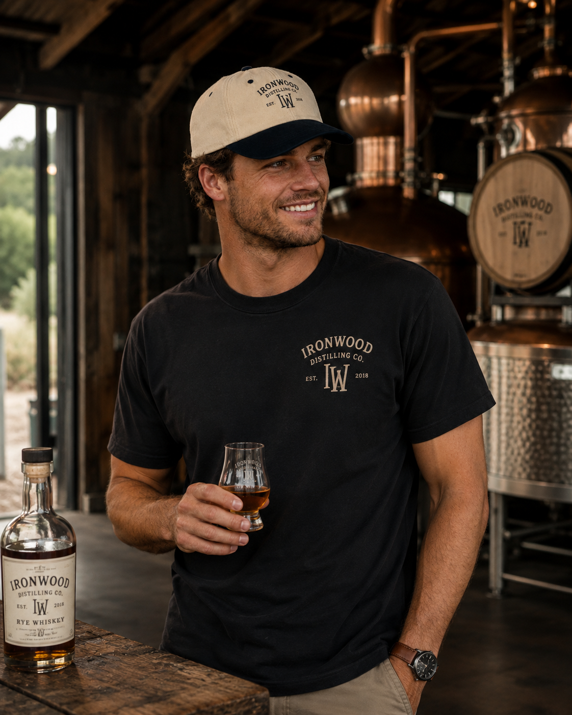 A man wearing a black Ironwood Whiskey Co. t-shirt and a matching baseball cap stands in a whiskey distillery holding a glass of whiskey, with a whiskey bottle on a table in the foreground.
