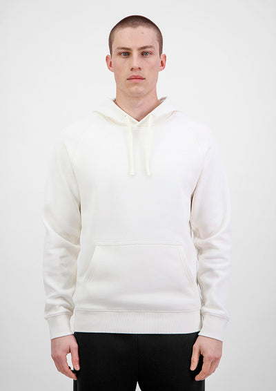 Person wearing a white hoodie on a plain background