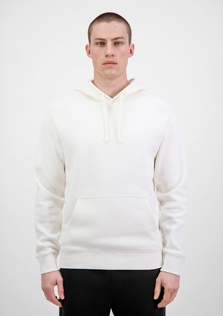 Person wearing a white hoodie on a plain background