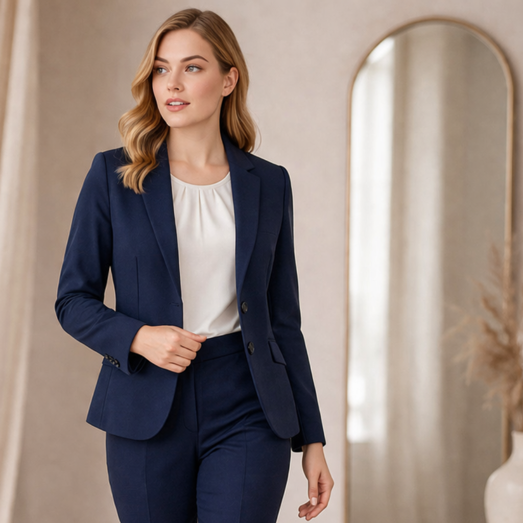Navy blue tailored siena mid length jacket with notched lapels and two front buttons perfect for work uniforms and workwear