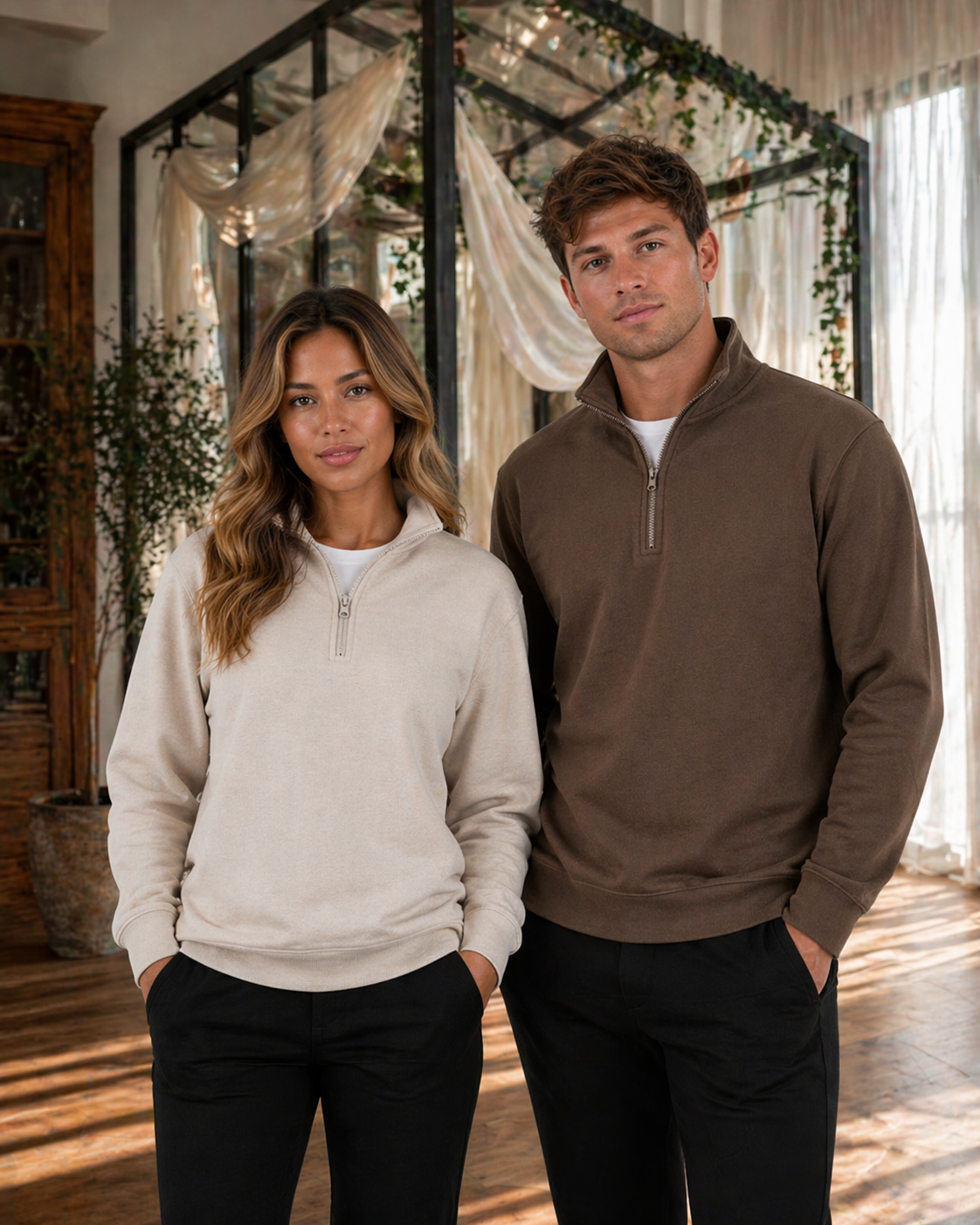 A cozy beige half zip fleece jumper with ribbed cuffs perfect for comfortable workwear and work uniforms