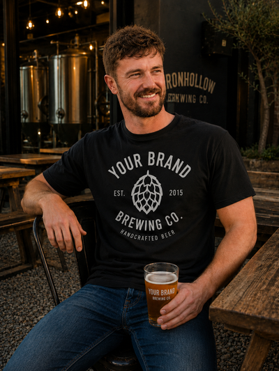 A man sitting at an outdoor bar or brewery table wearing a black graphic t-shirt with a white beer-hop logo and text that reads 'YOUR BRAND BREWING CO. HANDCRAFTED BEER'.