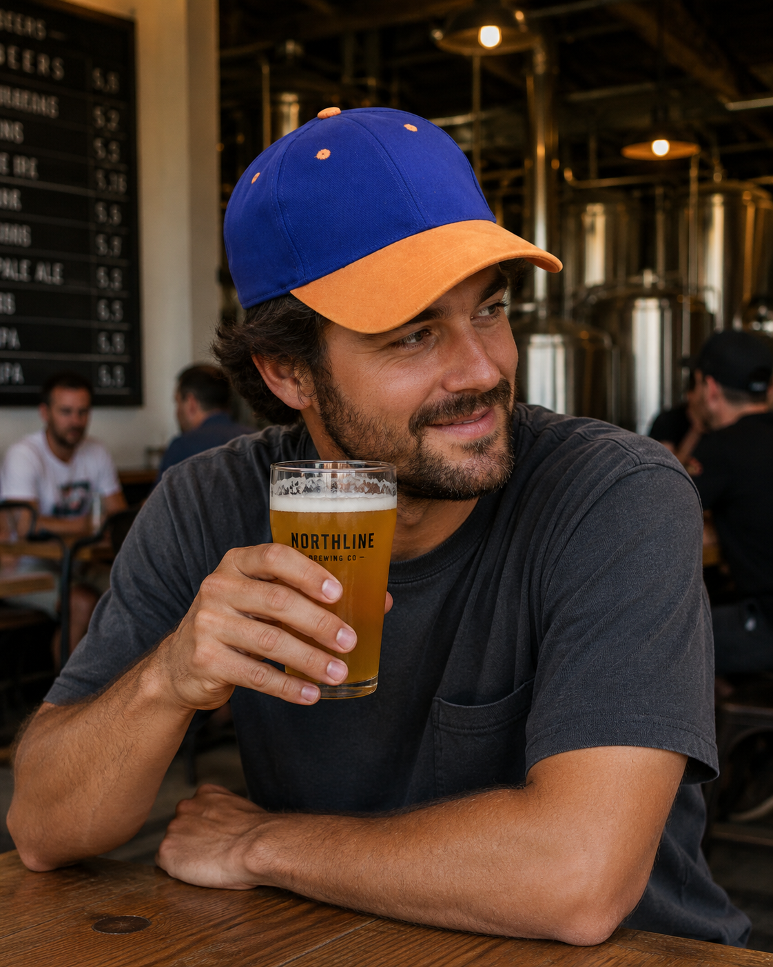 A man in a blue and orange baseball cap sits at a wooden table in a brewery, holding a glass of Northline IPA beer.