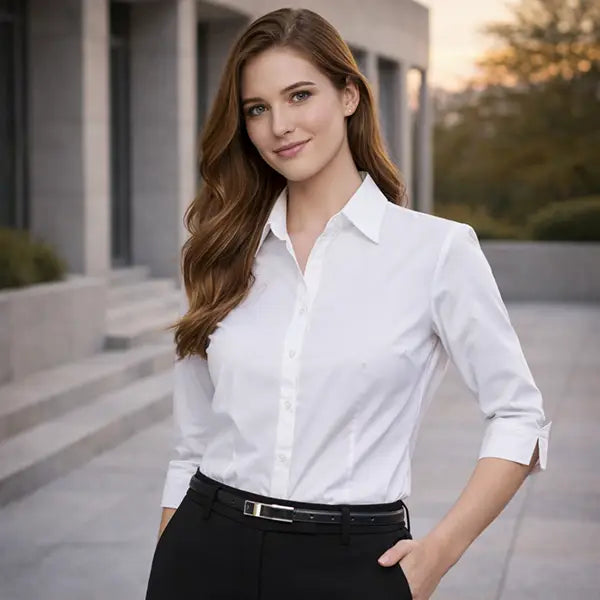 Woman wearing a white shirt and black pants standing outdoors.