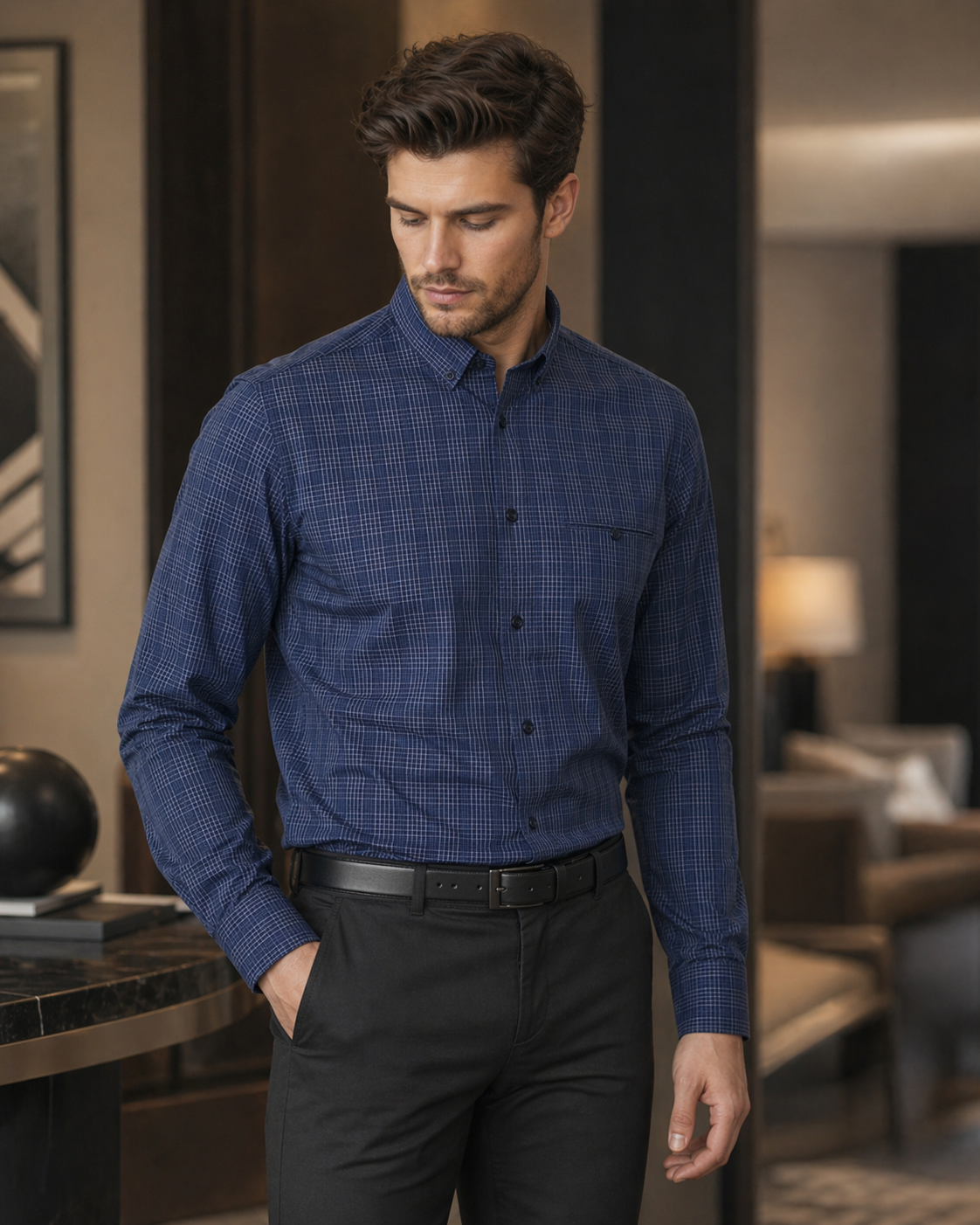 Mens harper ls shirt navy blue button-down with subtle checkered pattern ideal for workwear and uniforms