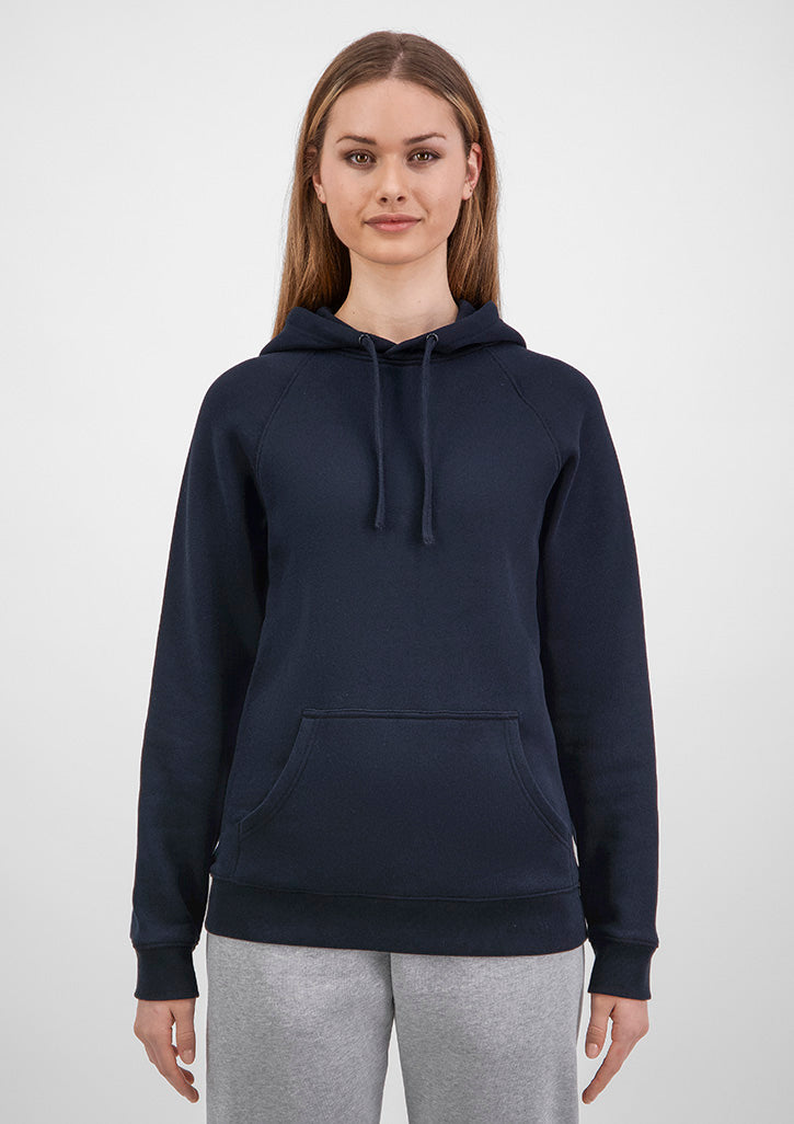 Woman wearing a navy blue hoodie on a white background