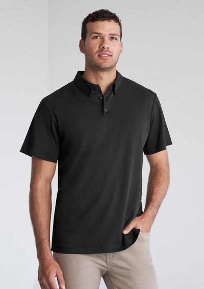 Mens cotton lotus polo black short-sleeved shirt with classic collar perfect for workwear or uniforms