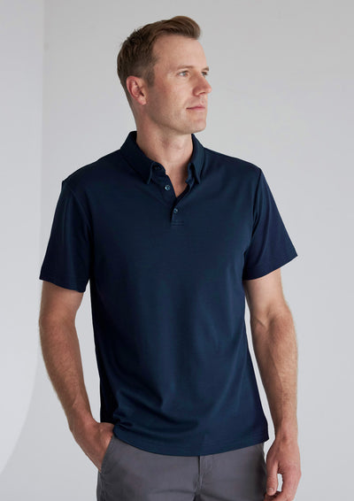 Navy blue mens cotton lotus polo shirt with classic collar and button placket perfect for workwear uniforms