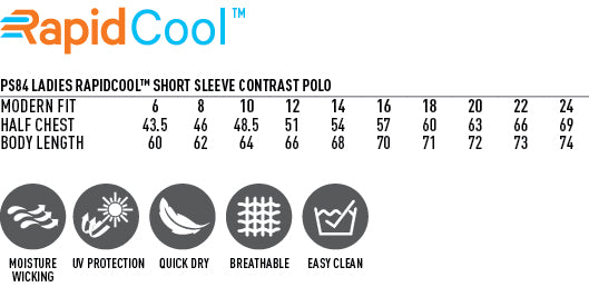 Product info sheet for Ladies Staten Rapid Cool Contrast Polo with sizes, measurements, and features