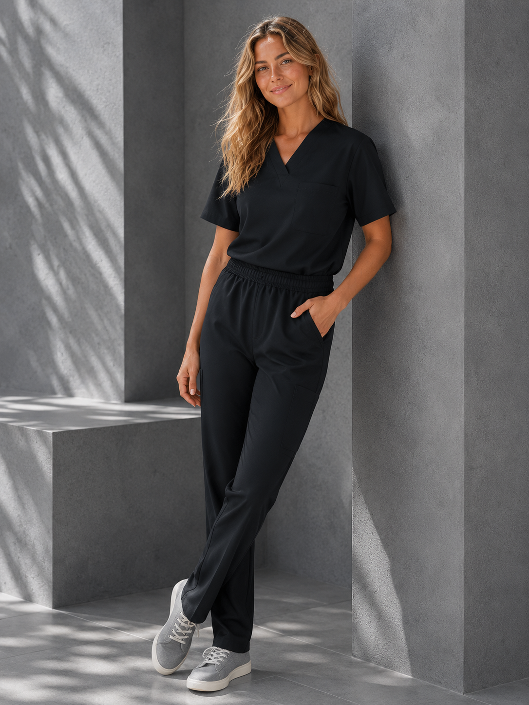 A woman wearing a black V-neck scrub top and matching black scrub pants, paired with gray sneakers, posing against a modern gray concrete wall with soft shadows.