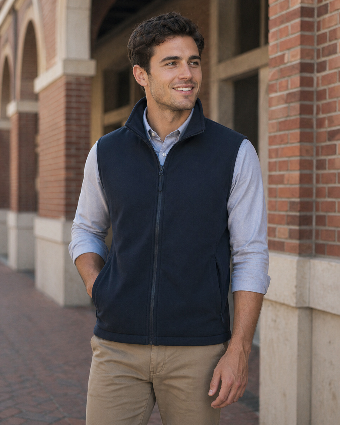 Navy blue fleece softshell vest with full zipper and side pockets perfect for durable workwear uniforms