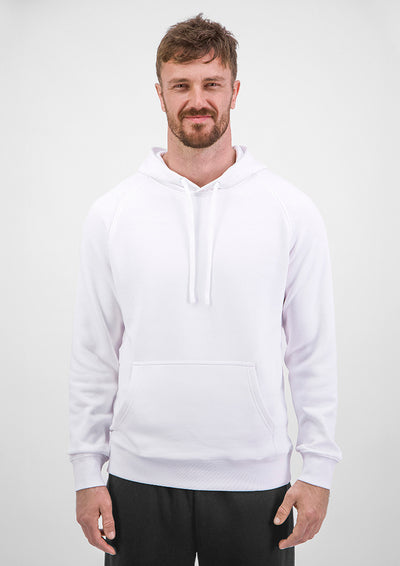 Man wearing a white hoodie against a plain background