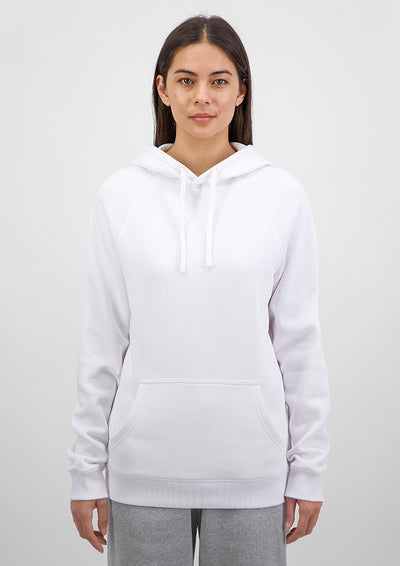 Person wearing a white hoodie and gray pants on a plain background